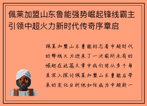 佩莱加盟山东鲁能强势崛起锋线霸主引领中超火力新时代传奇序章启