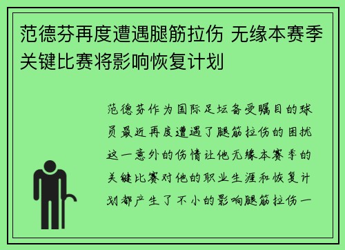 范德芬再度遭遇腿筋拉伤 无缘本赛季关键比赛将影响恢复计划